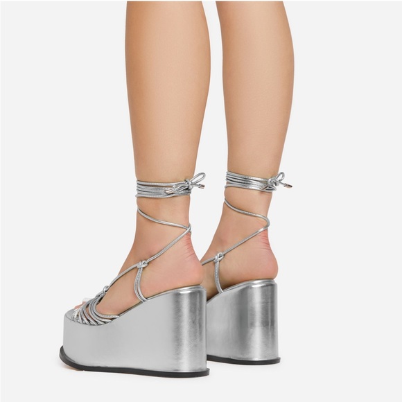 EGO Silver Lace Up Platform Wedges - Picture 2 of 5
